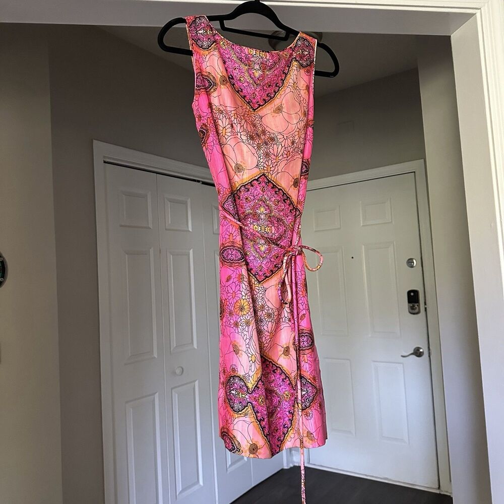 Vintage 1960s DYNASTY HONG KONG Multi-Color Silk Sleeveless Dress MOD Boho Sz 8